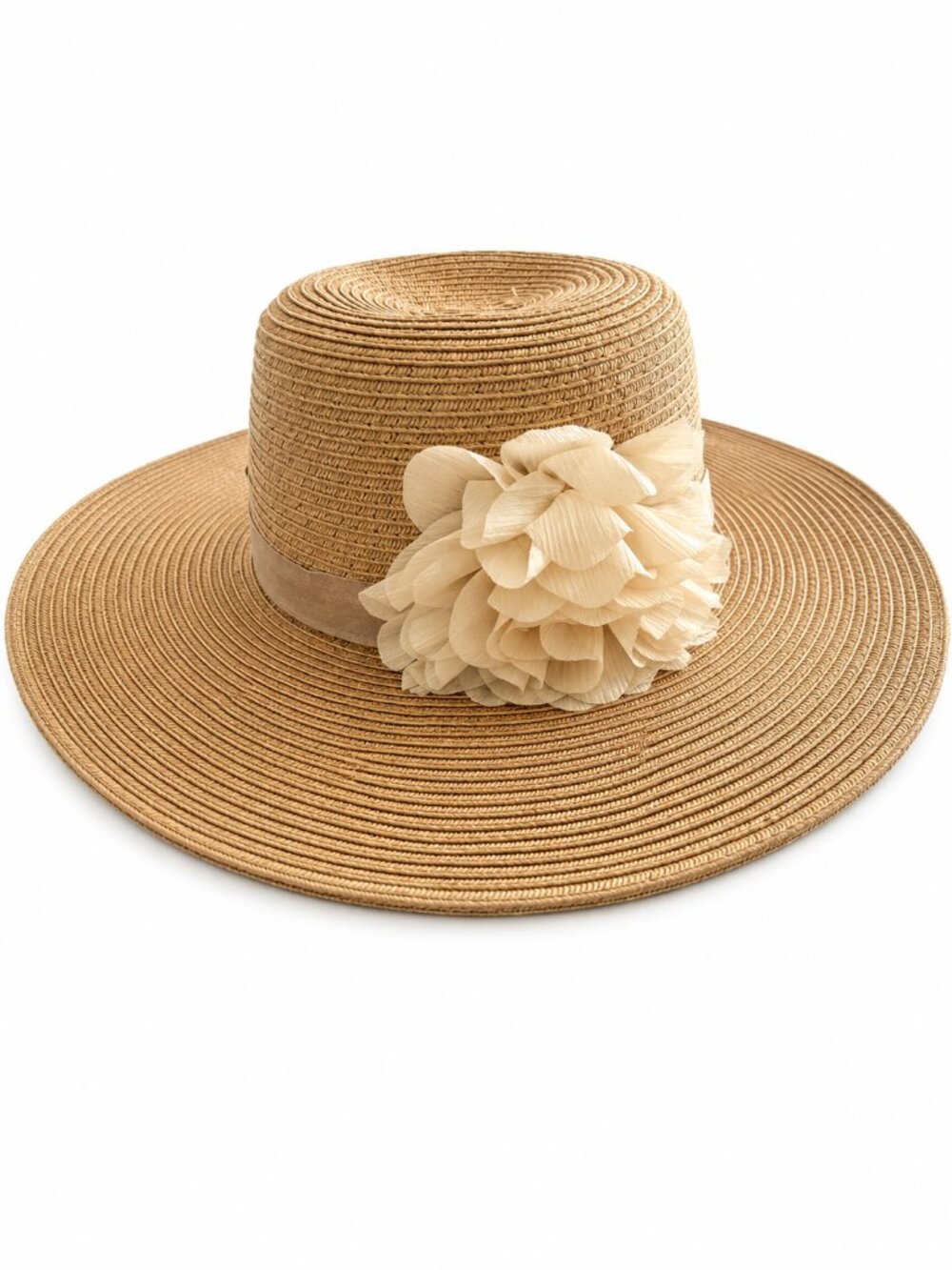 Anna & Ava Wide Brim Straw Sun Hat with Floral Accent – Tan Beige Summer Beach H